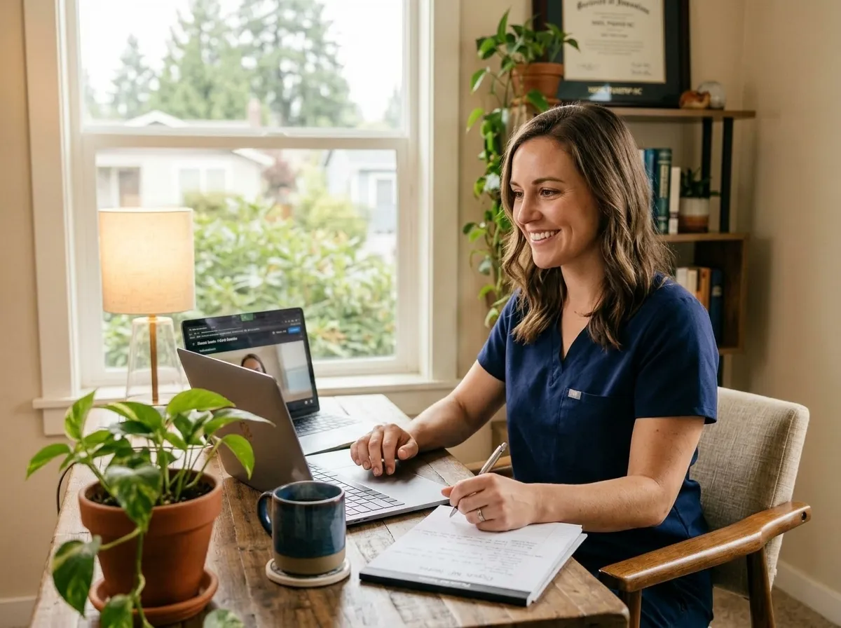 Psychiatric nurse practitioner conducting a virtual patient session over video in a modern office
