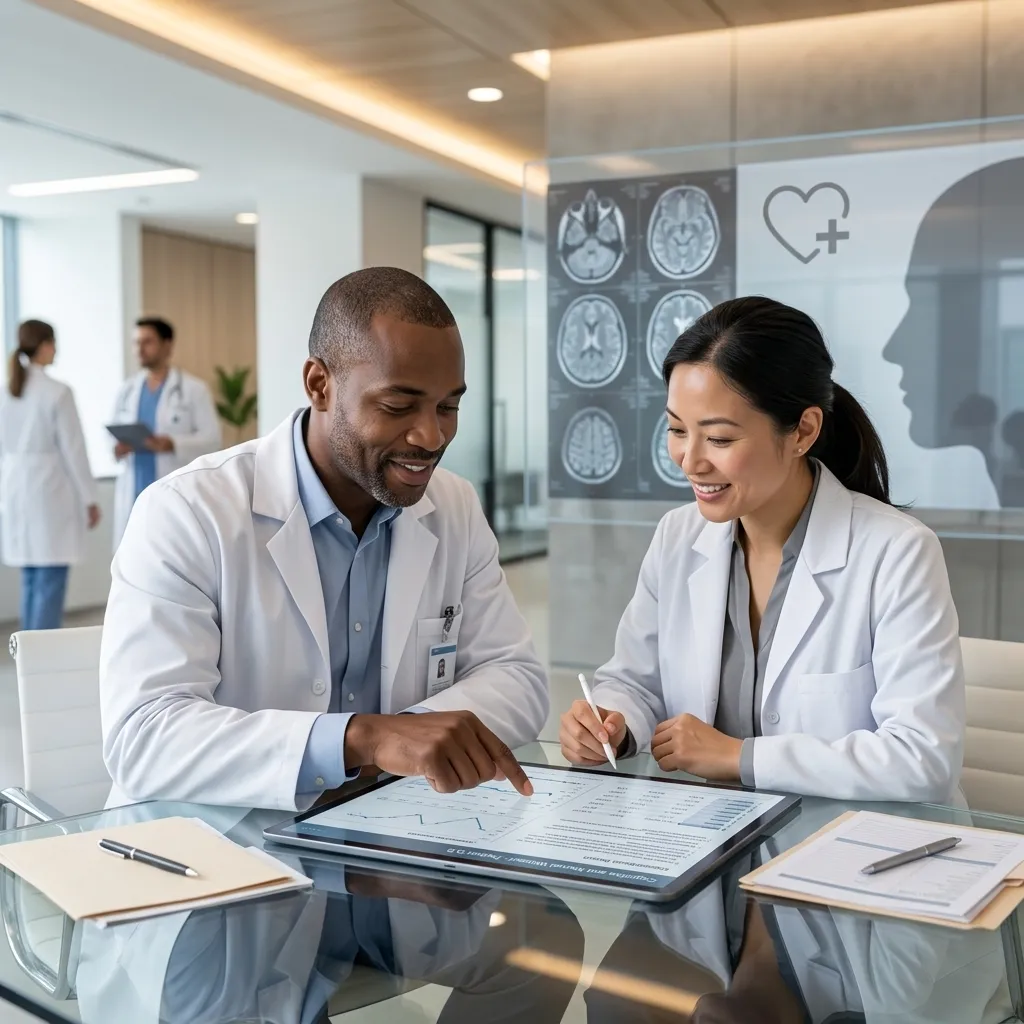 Healthcare clinicians collaborating on resident psychiatric care plans