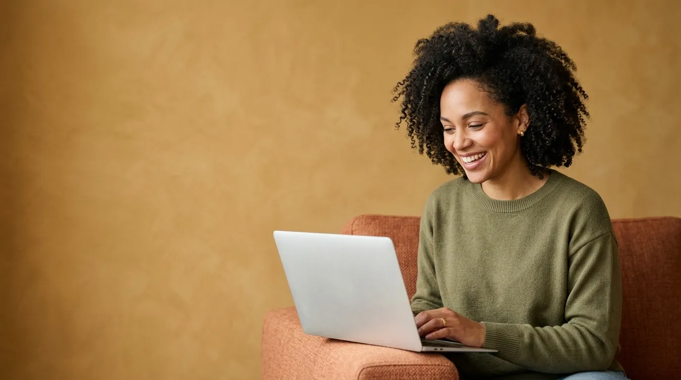 Biracial individual smiling and comfortably engaged in a virtual psychiatric appointment at home