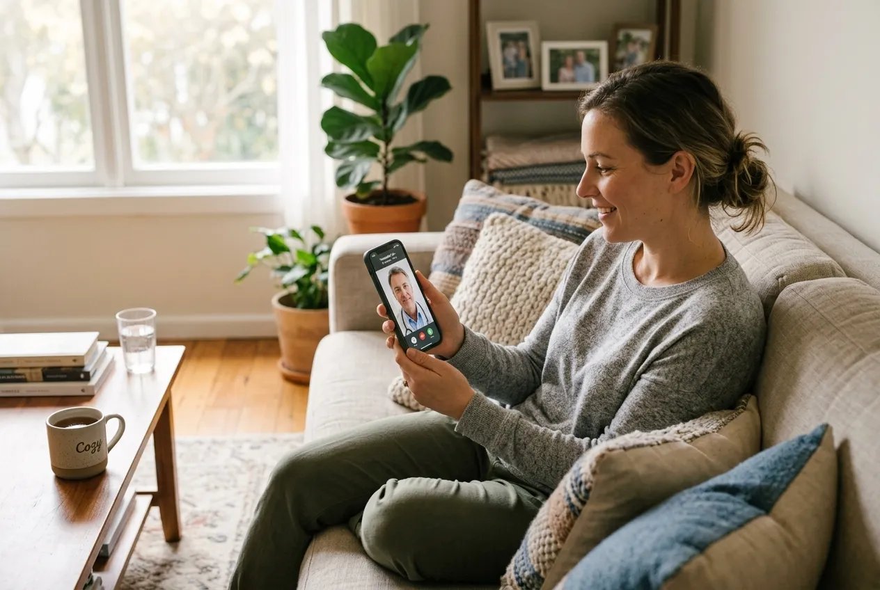 A patient relaxing on their living room couch while attending a telehealth video visit on a smartphone