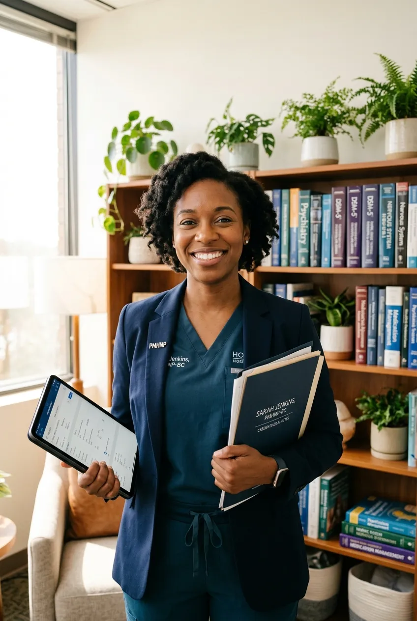Psychiatric provider holding a tablet and credentialing folder in a bright, plant-filled office