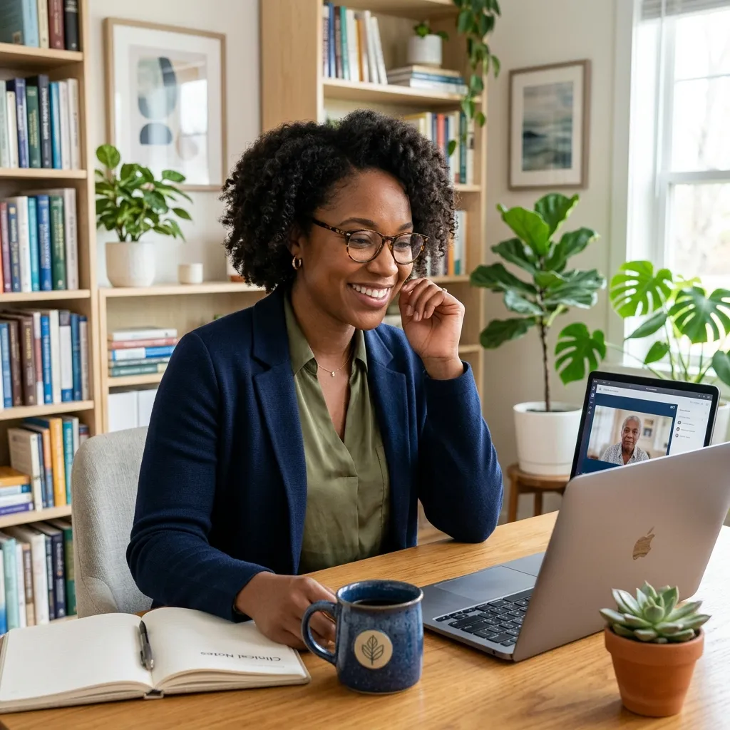 Psychiatric nurse practitioner conducting a virtual telehealth session from home