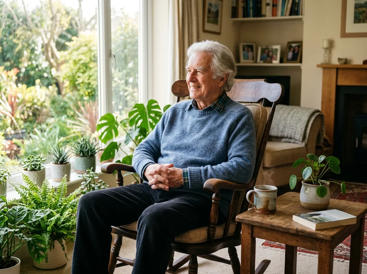 Senior resident in a comfortable armchair receiving coordinated care support