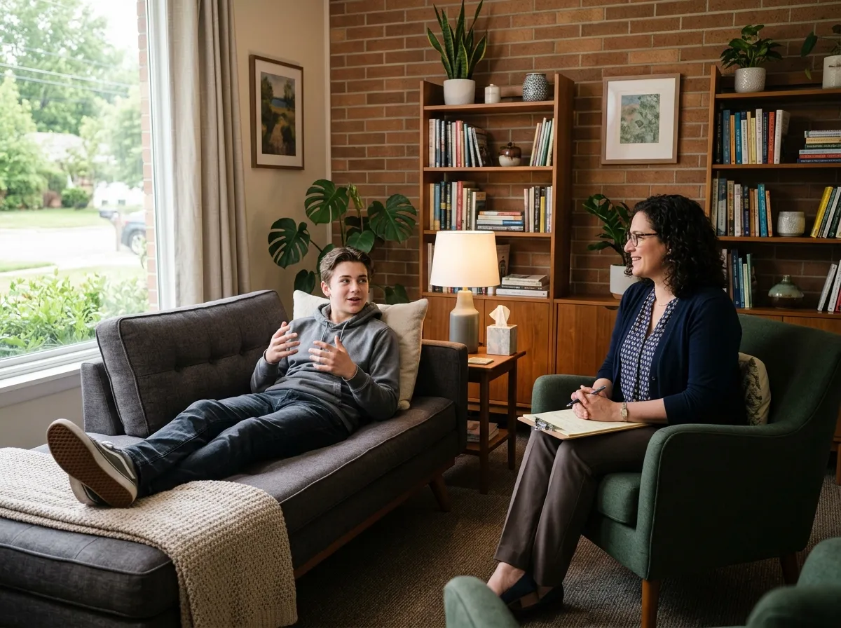 Psychiatric provider consulting with a student in a supportive counseling setting